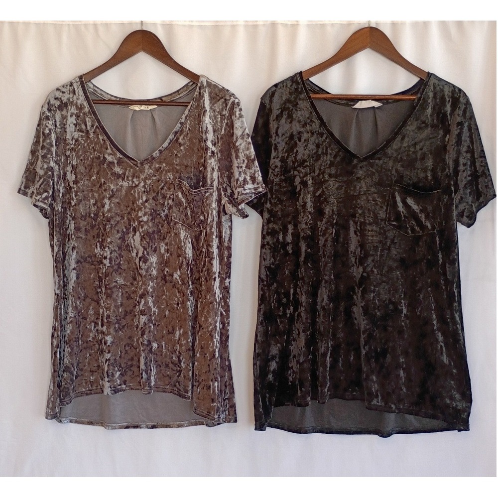 Spring + Mercer Crush Velvet Legging Tee Bundle V-Neck Pocket Gray Black XL
